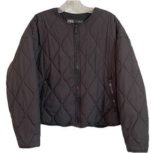 Zara Women’s Quilted Jacket Zip Collarless Black Light Weight - S